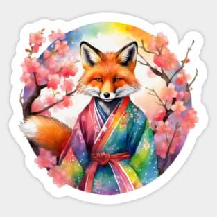Vibrant Rainbow Kimono Kitsune with Cherry Blossoms Sticker